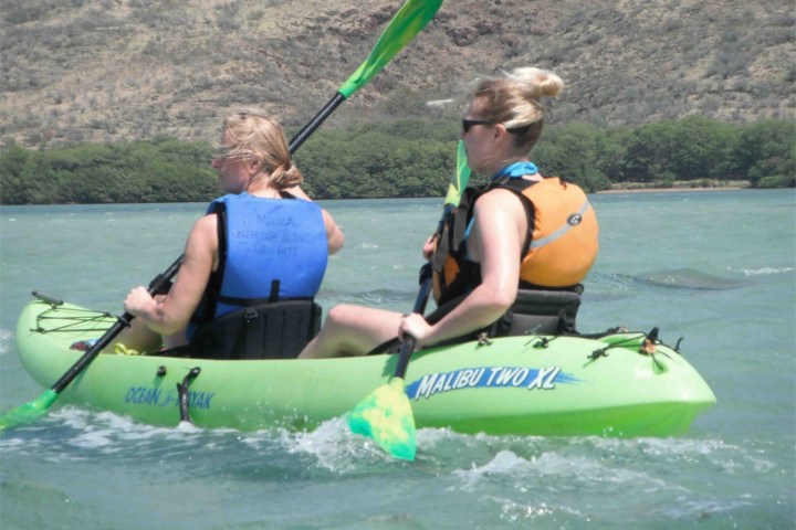 a group of people riding skis on a body of water